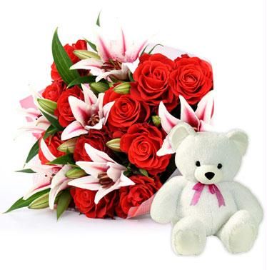 Teddy 12 inches+ Red Roses white lilies bouquet